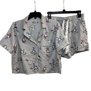 Hollister Women Gnome Mushroom Pajama Set Short Sleeve Button Up Top Shorts S